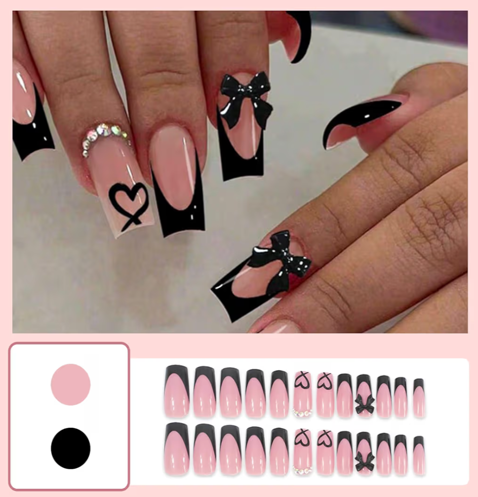 24 Pieces Stick-On Nails, Black Heart Bow Nail Art
