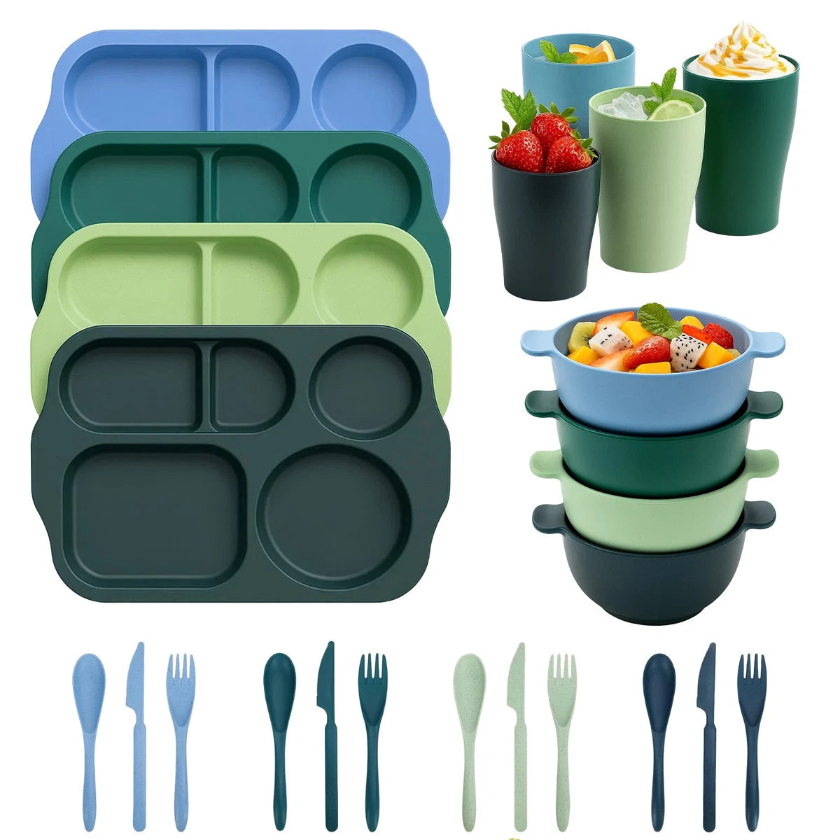 4-Color Divided 24 Sets Plates & Bowls