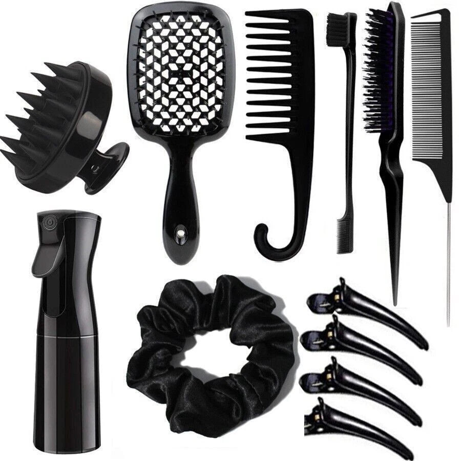 Black 12Pcs Hair Comb & Detangling Brush Set