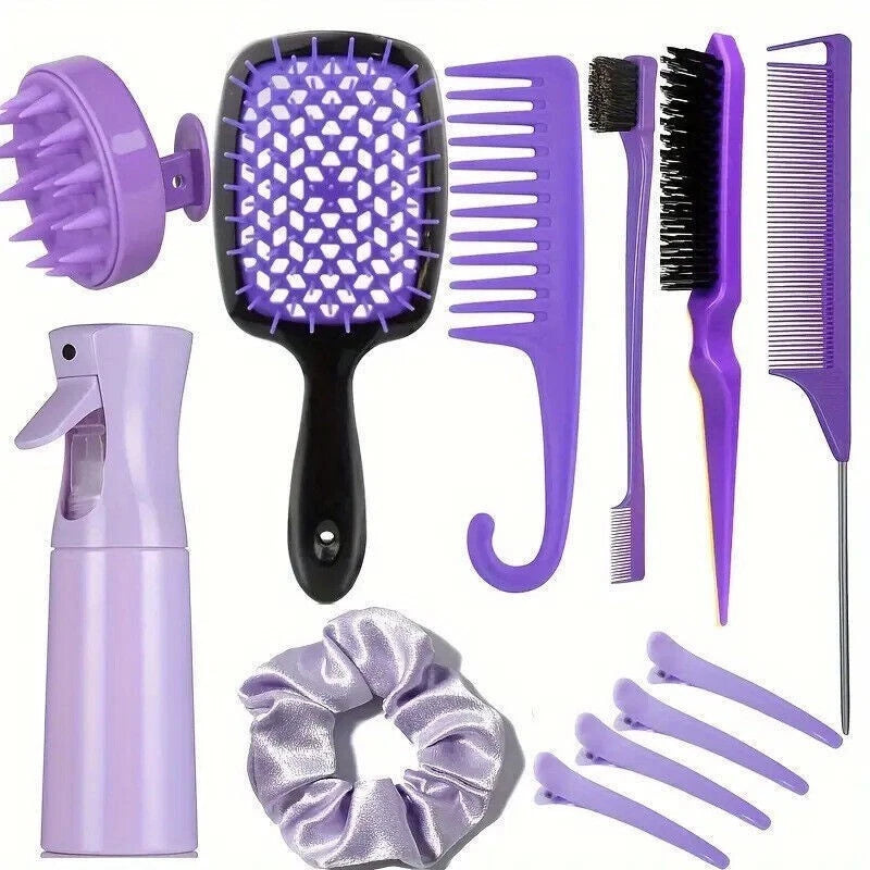 Purple 12Pcs Hair Comb & Detangling Brush Set