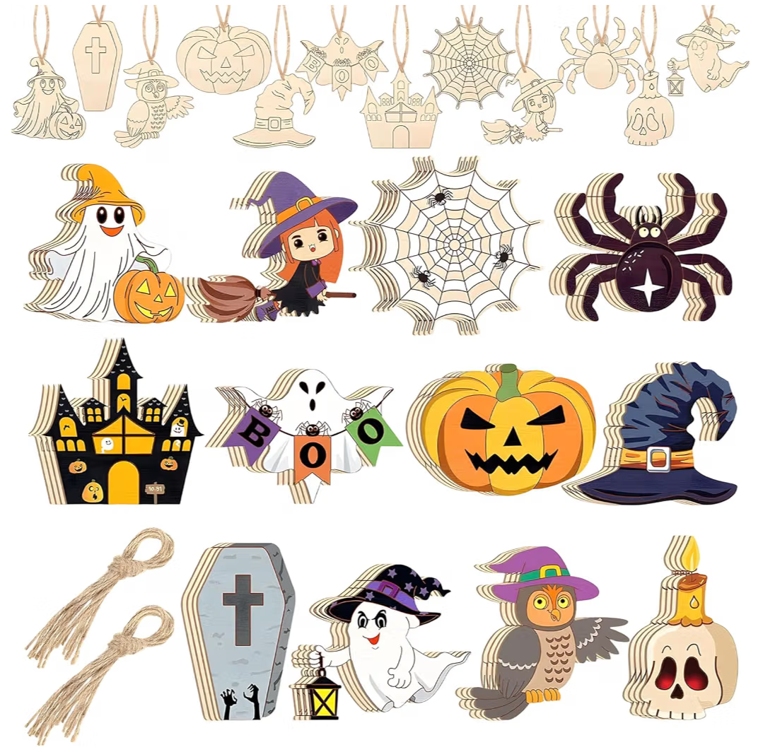 Halloween Craft Set, 36-Piece Wooden Ornaments with Strings
