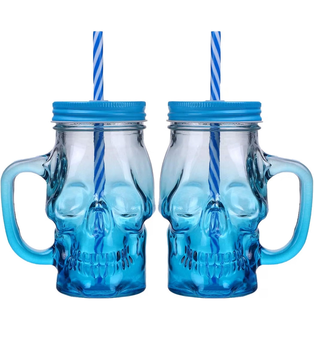 2Pcs Glass Tumbler with Straw and lid Skull Mason jar Cup