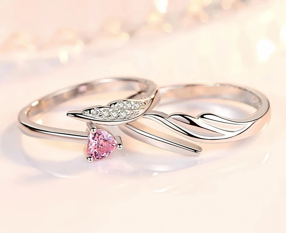 Crystal Heart Angel Wing Adjustable 925 Sterling Silver Ring Set