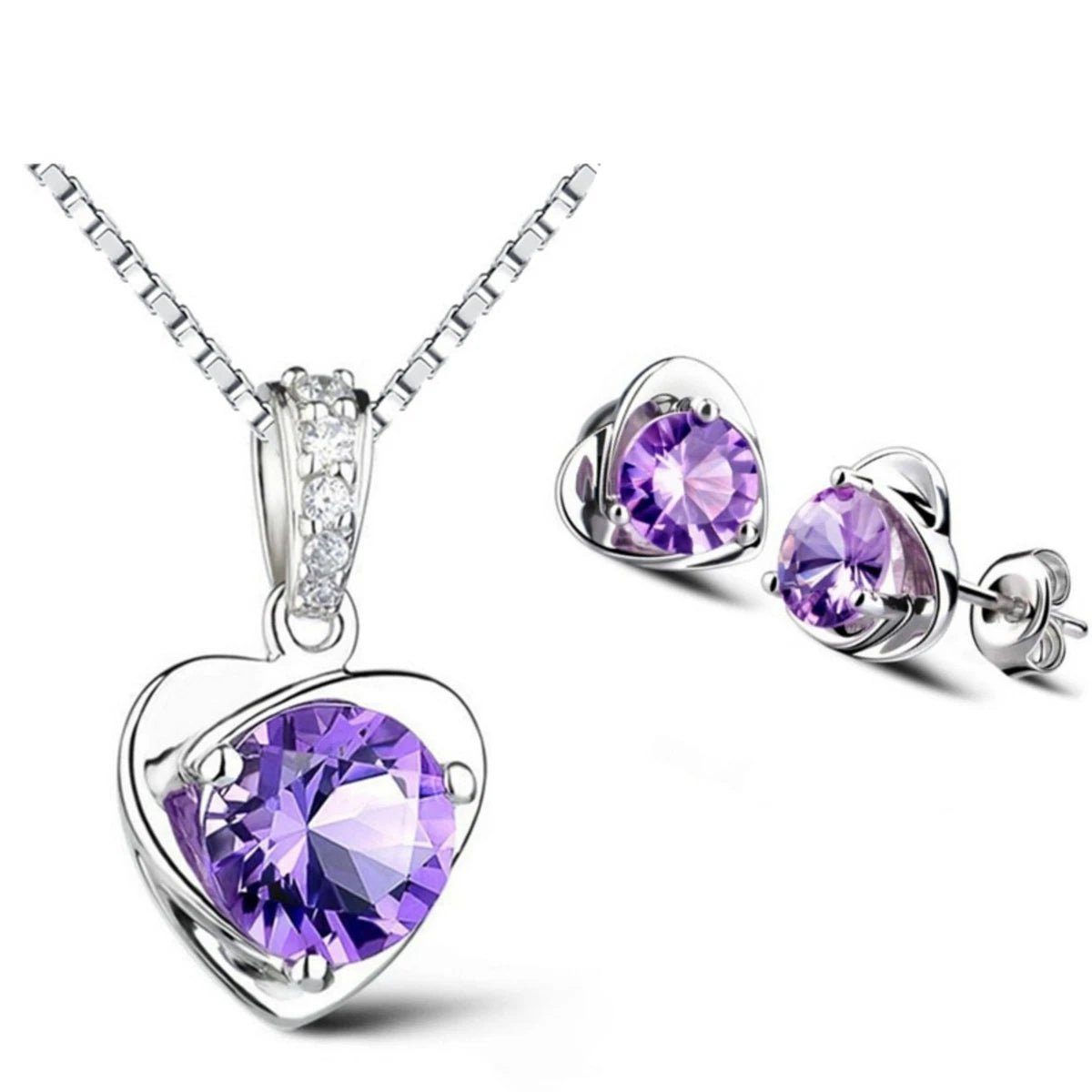 Crystal Heart Pendant 925 Sterling Silver Necklace & Stud Earrings
