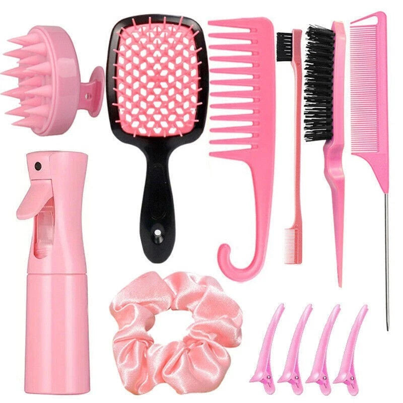 Pink 12Pcs Hair Comb & Detangling Brush Set