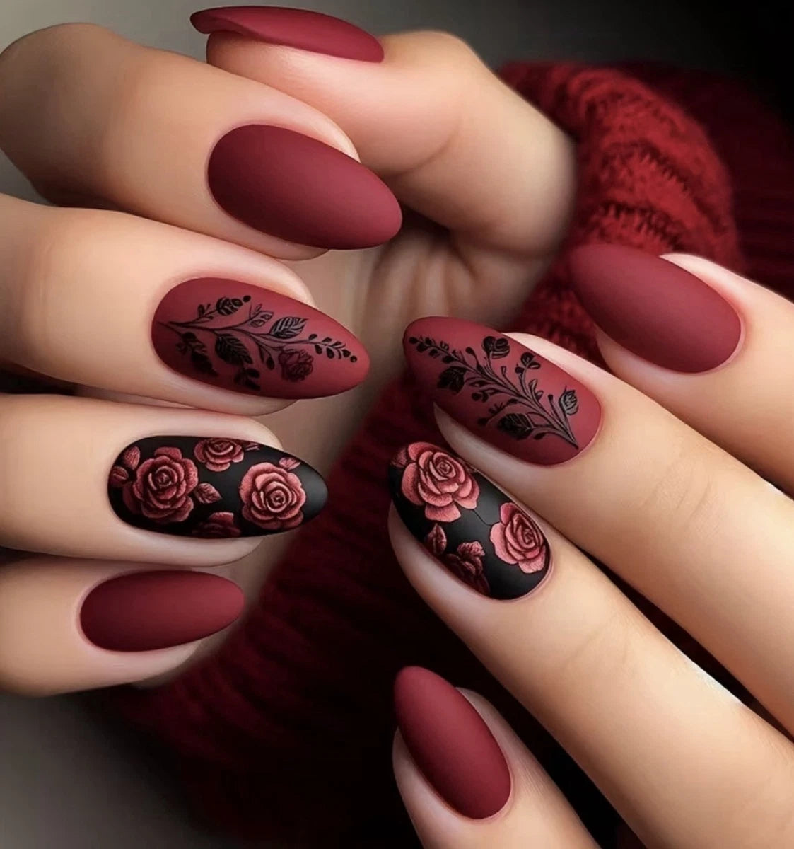 24x False Nails Matte Red Roses Press on Nails