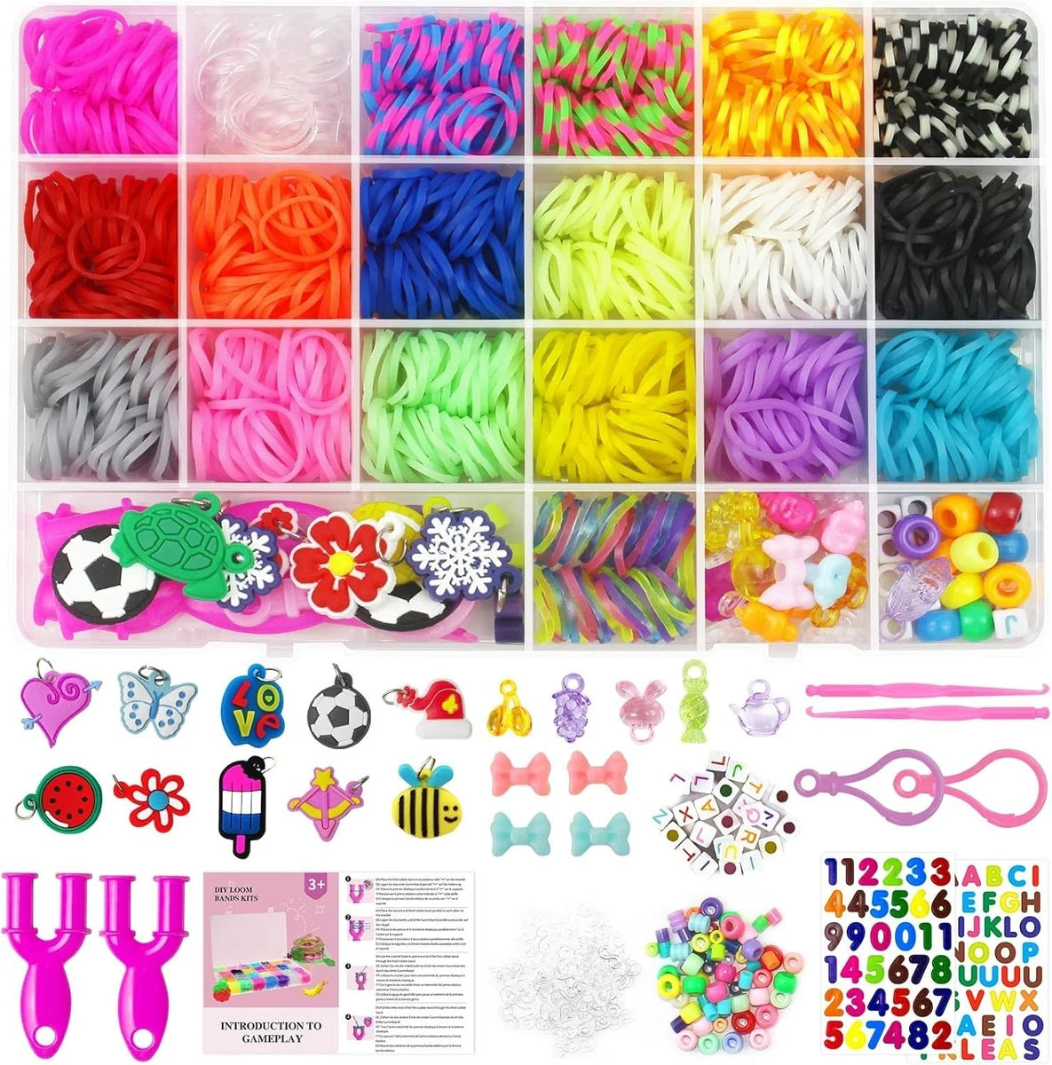 2500+ piece DIY Loom Bands Kit 18 colours with beads and charms. Bracelet making