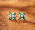 925 Sterling Silver 4 Petal Green Flower CZ Cute Stud Earrings
