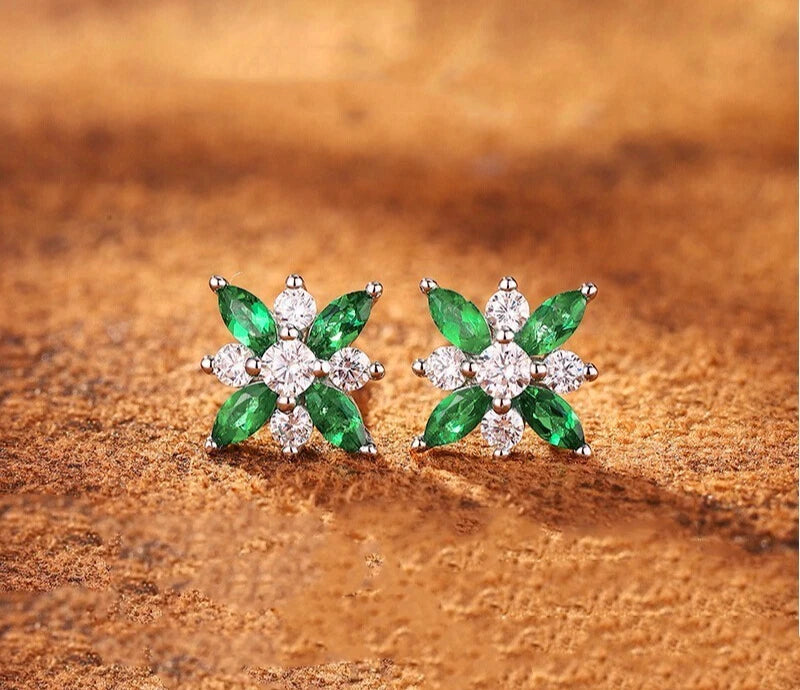 925 Sterling Silver 4 Petal Green Flower CZ Cute Stud Earrings