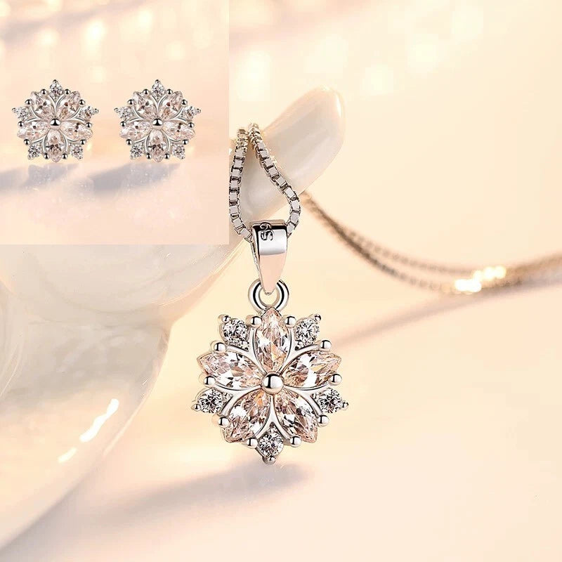 Crystal Heart Pendant 925 Sterling Silver Chain & Earrings Set