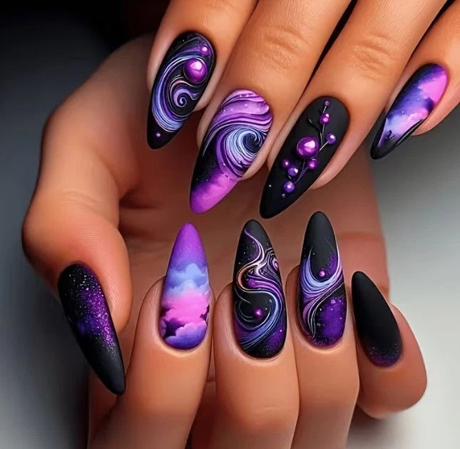 24pcs Dark Purple Black Gradient Nebula Vortex Almond Shape Press on Nails