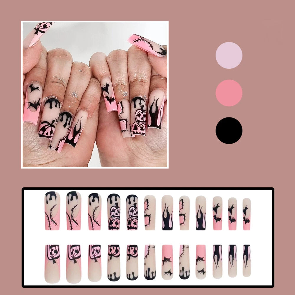 24 Long Square Black Pink Press On False Nails