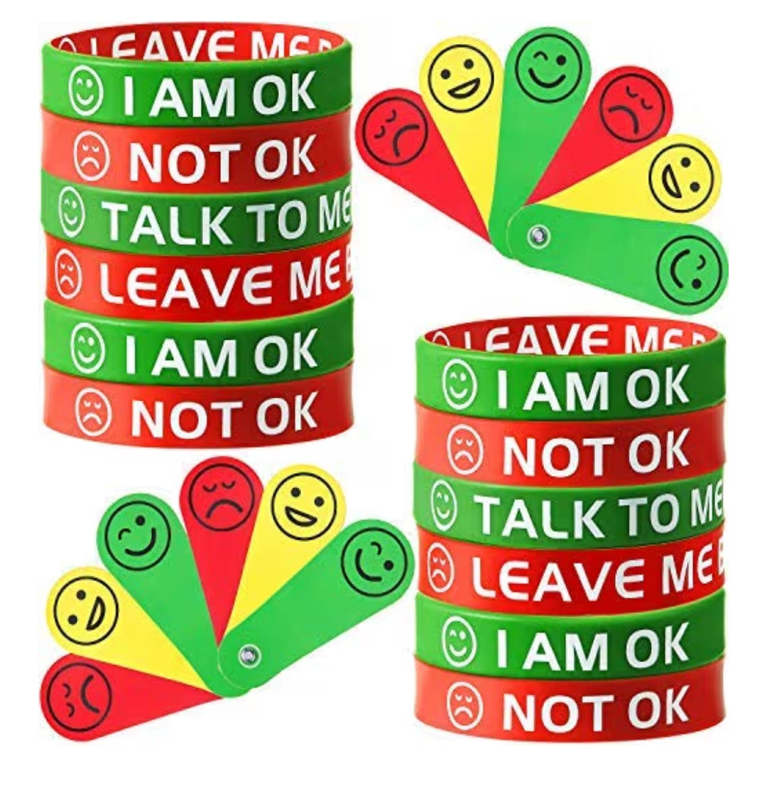12 Pcs Mood Silicone Rubber Bracelets and 4 Pcs Feeling Emotion Fans
