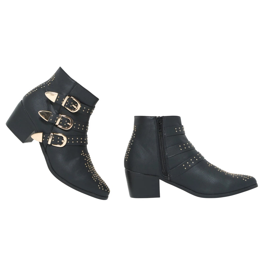 Ladies Buckles Straps Studded Mid heel Ankle Boots