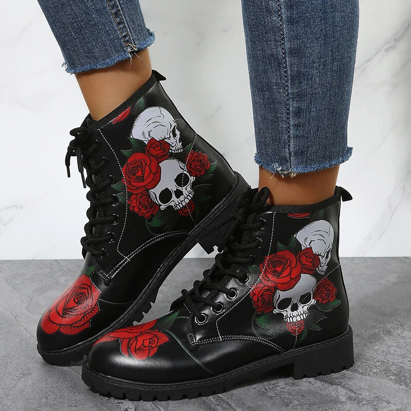 Red Rose Skull ankle boots