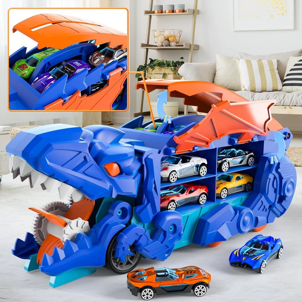 Car Dinosaur Transport Carrier With 12 Pull Back Cars
