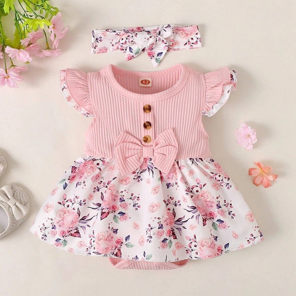 Newborn Baby Girls Floral Bow Bodysuit Romper Dress Headband Clothes Outfit Set